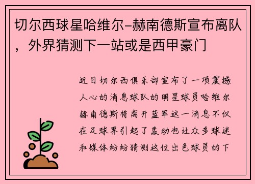 切尔西球星哈维尔-赫南德斯宣布离队，外界猜测下一站或是西甲豪门