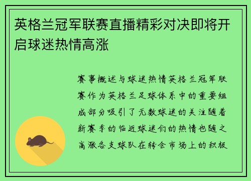 英格兰冠军联赛直播精彩对决即将开启球迷热情高涨