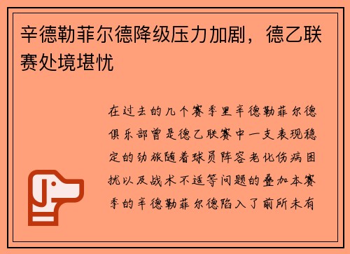 辛德勒菲尔德降级压力加剧，德乙联赛处境堪忧