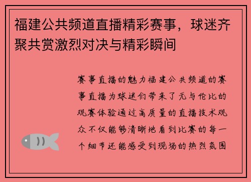 福建公共频道直播精彩赛事，球迷齐聚共赏激烈对决与精彩瞬间